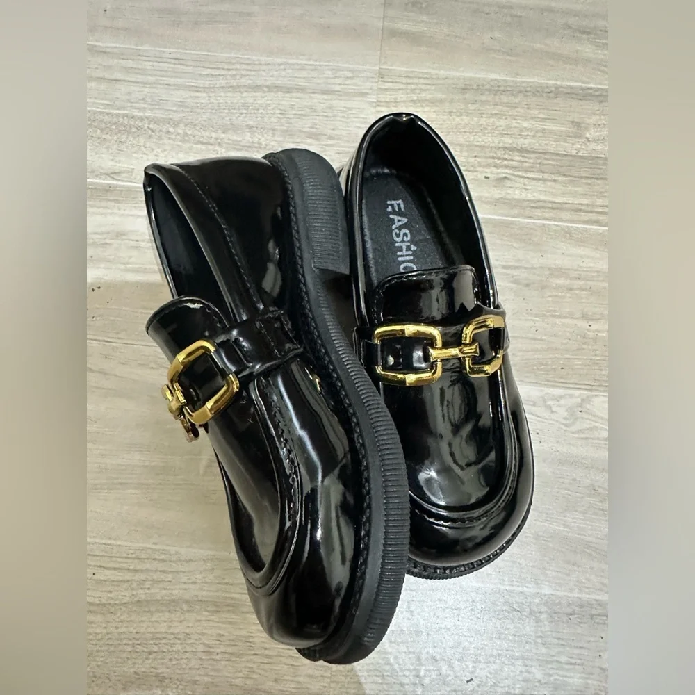 Kids Shoes -Elegant Black Loafers with‎ Gold Buckle